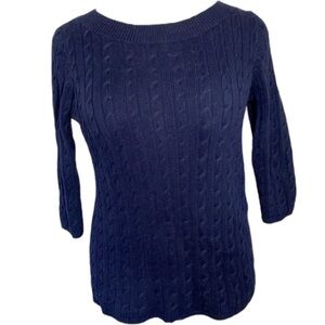 Talbots Cotton Cable Knit Sweater Navy Blue Cropped Sleeves Boat Neck Bateau 1Xp